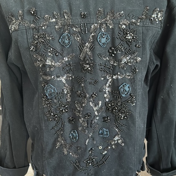Chicos Design Black Denim Jacket with Embroidered Sequence Beads Back Size1(868) - Picture 5 of 9